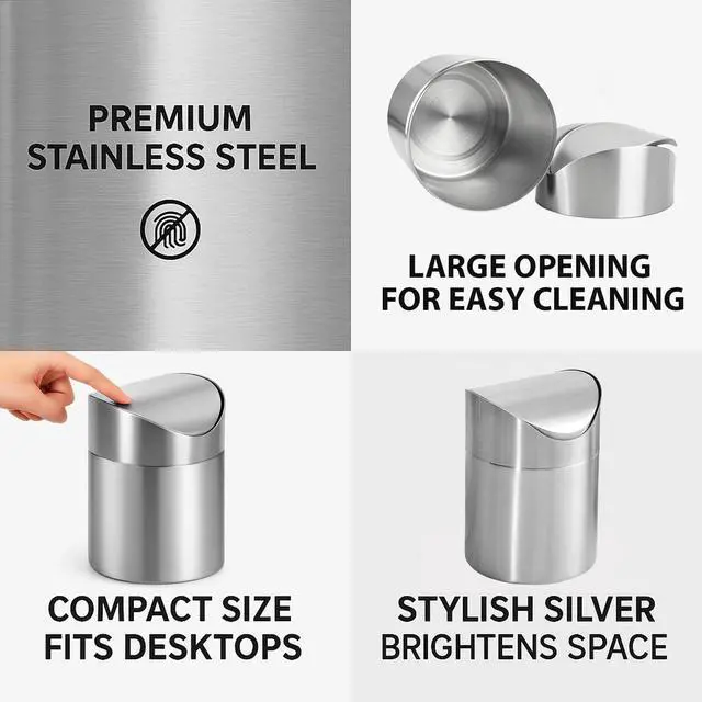Alt view image 7 of 7 - Small Mini Trash Can with Lid, Brushed Stainless Steel Small Tiny Mini Trash Bin Can, Mini Countertop Trash Cans for Desk Office, Swing Top Trash Bin 1.5 L/0.40 Gal (Sliver)