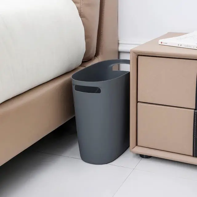 Alt view image 3 of 6 - Plastic Small Trash Can Slim Waste Basket with Handles 3.2 Gallon Narrow Garbage Container Bin for Bathroom, Bedroom, Kitchen, Home Office Under Desk, Dorm, Laundry Room, Kids Room, Dark Grey
