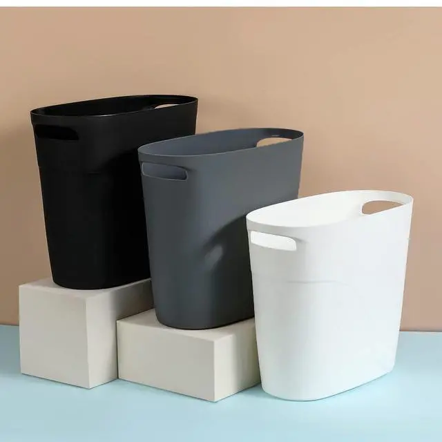 Alt view image 2 of 6 - Plastic Small Trash Can Slim Waste Basket with Handles 3.2 Gallon Narrow Garbage Container Bin for Bathroom, Bedroom, Kitchen, Home Office Under Desk, Dorm, Laundry Room, Kids Room, Dark Grey