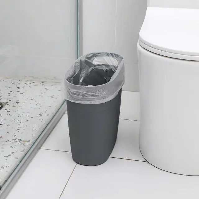Alt view image 6 of 6 - Plastic Small Trash Can Slim Waste Basket with Handles 3.2 Gallon Narrow Garbage Container Bin for Bathroom, Bedroom, Kitchen, Home Office Under Desk, Dorm, Laundry Room, Kids Room, Dark Grey