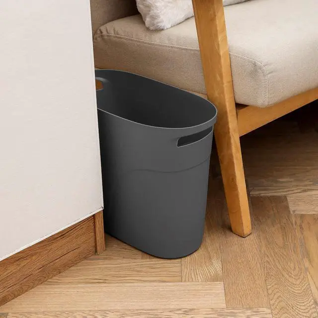 Alt view image 4 of 6 - Plastic Small Trash Can Slim Waste Basket with Handles 3.2 Gallon Narrow Garbage Container Bin for Bathroom, Bedroom, Kitchen, Home Office Under Desk, Dorm, Laundry Room, Kids Room, Dark Grey