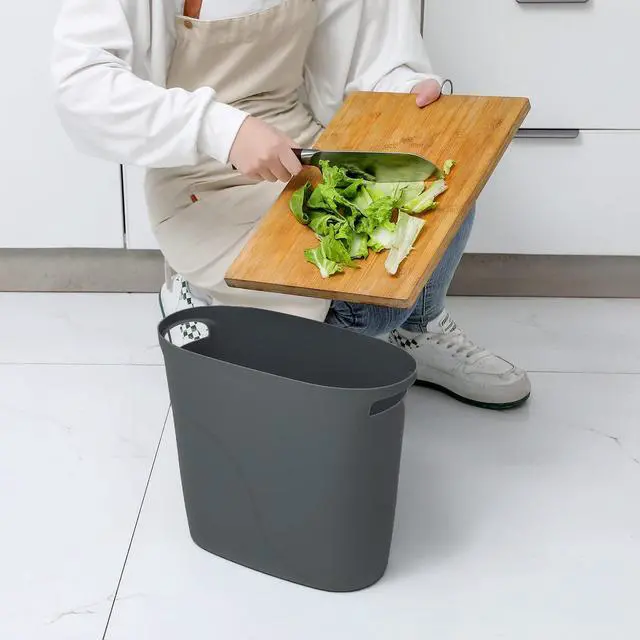 Alt view image 5 of 6 - Plastic Small Trash Can Slim Waste Basket with Handles 3.2 Gallon Narrow Garbage Container Bin for Bathroom, Bedroom, Kitchen, Home Office Under Desk, Dorm, Laundry Room, Kids Room, Dark Grey