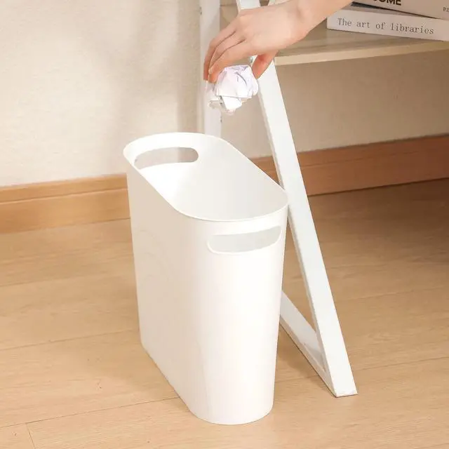 Alt view image 6 of 7 - Small Trash Can, 3.5 Gallon Slim Garbage Can Plastic Waste Basket with Handles Container Bin for Narrow Spaces Bathroom, Bedroom, Kitchen, Office at Home, White