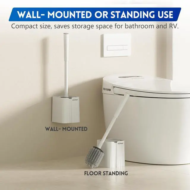 Alt view image 7 of 7 - Toilet Brush and Holder Set, Silicone Toilet Bowl Brush, Bathroom Accessories, Durable Toilet Scrubber Bristles, Compact Size for RV, Wall Mountable, Drip-Proof, Deep Cleaning. (White)