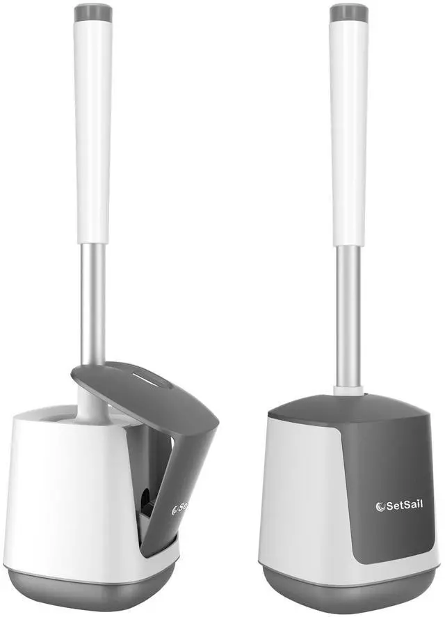 Main image of Toilet Brush and Holder 2 Pack, Self Closing Lid Toilet Bowl Brushes Holder and Extra Long Handle Ventilated Toilet Brush Set for Bathroom Cleaning, Nylon Bristles, White & Grey