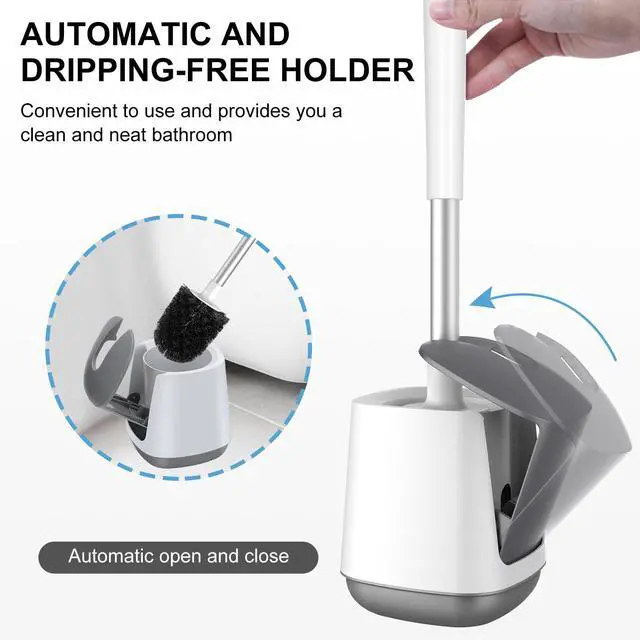 Alt view image 4 of 7 - Toilet Brush and Holder 2 Pack, Self Closing Lid Toilet Bowl Brushes Holder and Extra Long Handle Ventilated Toilet Brush Set for Bathroom Cleaning, Nylon Bristles, White & Grey