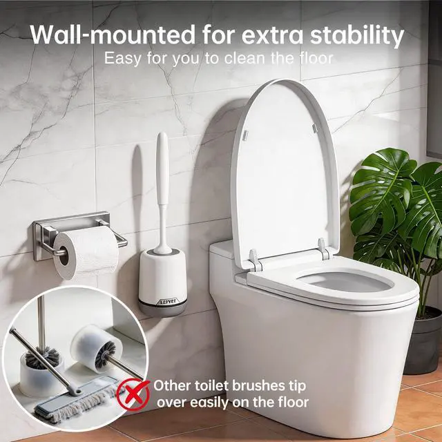 Alt view image 3 of 7 - Silicone Toilet Brush and Holder, Bathroom Cleaner Brush Set, Non-Slip Handle Toilet Bowl Brush with TPR Soft Bristle, Wall Mounted/Floor Standing
