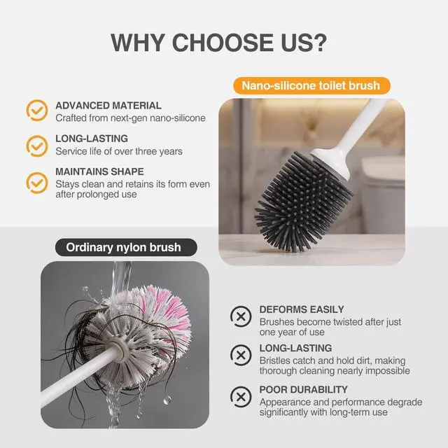 Alt view image 4 of 7 - Silicone Toilet Brush and Holder, Bathroom Cleaner Brush Set, Non-Slip Handle Toilet Bowl Brush with TPR Soft Bristle, Wall Mounted/Floor Standing