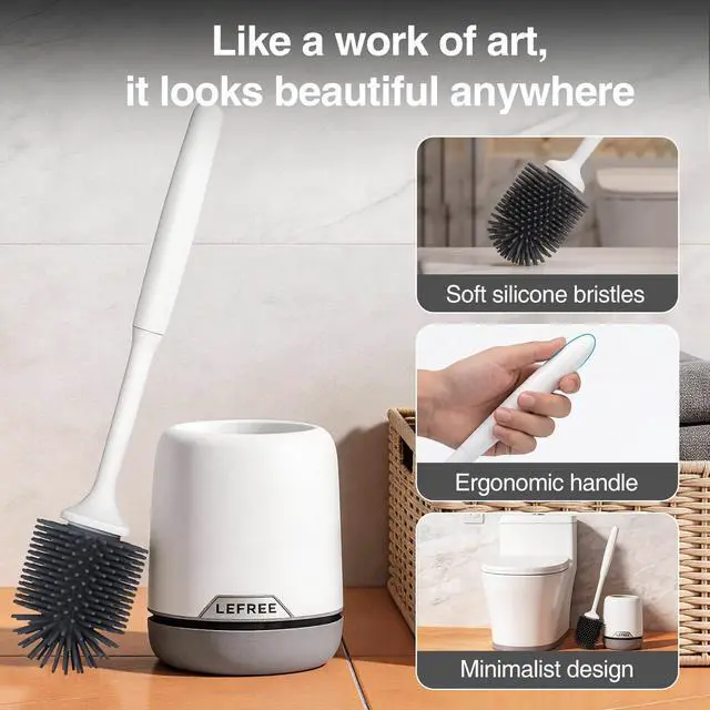 Alt view image 5 of 7 - Silicone Toilet Brush and Holder, Bathroom Cleaner Brush Set, Non-Slip Handle Toilet Bowl Brush with TPR Soft Bristle, Wall Mounted/Floor Standing