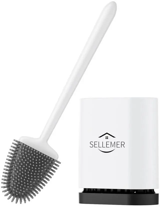 Main image of Toilet Brush and Holder Set - Flexible Toilet Bowl Brush Head with Silicone Bristles, Compact Size for Storage and Organization, Ventilation Slots Base (1 Pack, Pearl White)