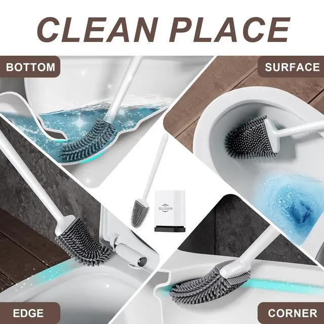 Alt view image 2 of 7 - Toilet Brush and Holder Set - Flexible Toilet Bowl Brush Head with Silicone Bristles, Compact Size for Storage and Organization, Ventilation Slots Base (1 Pack, Pearl White)