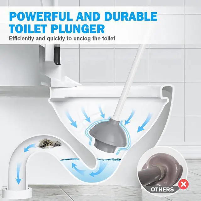 Alt view image 2 of 7 - Toilet Plunger and Brush Set, Bowl Brush and Heavy Duty Toilet Plunger with Ventilated Holder, 2-in-1 Toilet Brush and Plunger Combo for 5.3-inch Toilet Drain Bathroom Deeply Cleaning(White & Grey)