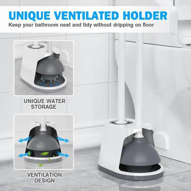 Alt view image 5 of 7 - Toilet Plunger and Brush Set, Bowl Brush and Heavy Duty Toilet Plunger with Ventilated Holder, 2-in-1 Toilet Brush and Plunger Combo for 5.3-inch Toilet Drain Bathroom Deeply Cleaning(White & Grey)