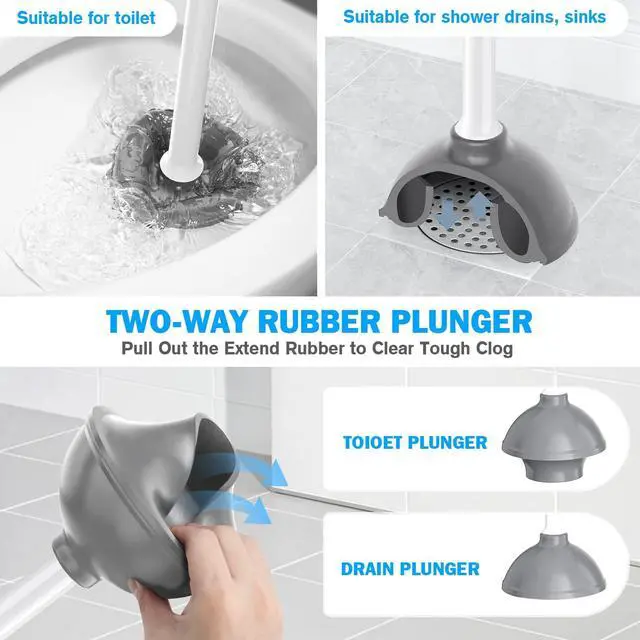 Alt view image 3 of 7 - Toilet Plunger and Brush Set, Bowl Brush and Heavy Duty Toilet Plunger with Ventilated Holder, 2-in-1 Toilet Brush and Plunger Combo for 5.3-inch Toilet Drain Bathroom Deeply Cleaning(White & Grey)
