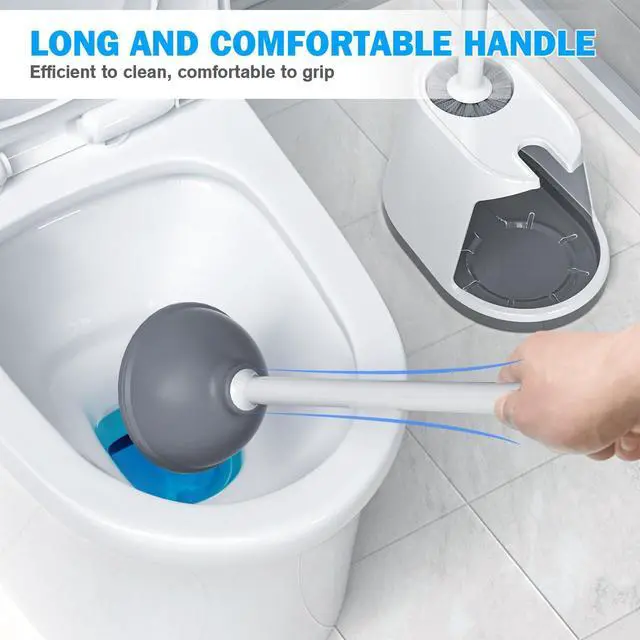 Alt view image 6 of 7 - Toilet Plunger and Brush Set, Bowl Brush and Heavy Duty Toilet Plunger with Ventilated Holder, 2-in-1 Toilet Brush and Plunger Combo for 5.3-inch Toilet Drain Bathroom Deeply Cleaning(White & Grey)