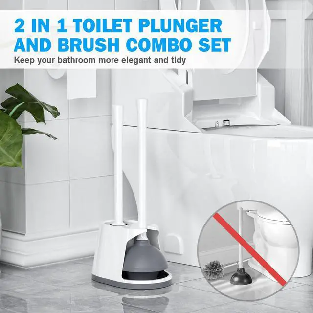 Alt view image 7 of 7 - Toilet Plunger and Brush Set, Bowl Brush and Heavy Duty Toilet Plunger with Ventilated Holder, 2-in-1 Toilet Brush and Plunger Combo for 5.3-inch Toilet Drain Bathroom Deeply Cleaning(White & Grey)