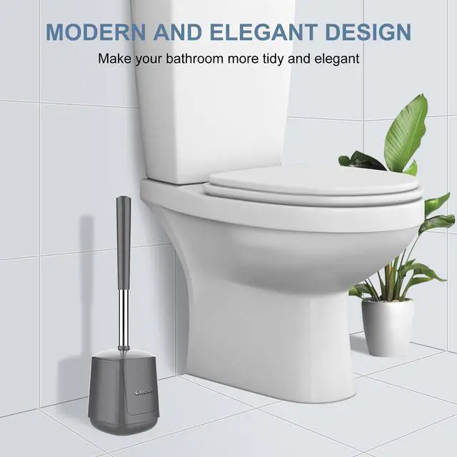 Alt view image 7 of 7 - Toilet Brush and Holder, Self Closing Lid Toilet Bowl Brushes Holder and Extra Long Handle Ventilated Toilet Brush Set for Bathroom Cleaning, Nylon Bristles, Grey
