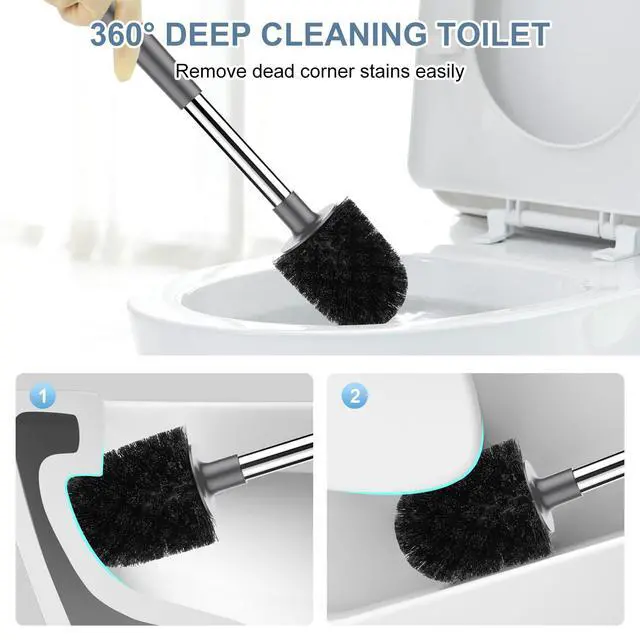 Alt view image 6 of 7 - Toilet Brush and Holder, Self Closing Lid Toilet Bowl Brushes Holder and Extra Long Handle Ventilated Toilet Brush Set for Bathroom Cleaning, Nylon Bristles, Grey
