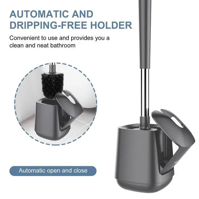 Alt view image 4 of 7 - Toilet Brush and Holder, Self Closing Lid Toilet Bowl Brushes Holder and Extra Long Handle Ventilated Toilet Brush Set for Bathroom Cleaning, Nylon Bristles, Grey