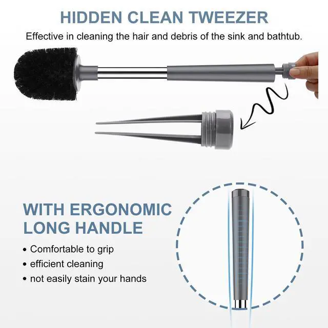 Alt view image 3 of 7 - Toilet Brush and Holder, Self Closing Lid Toilet Bowl Brushes Holder and Extra Long Handle Ventilated Toilet Brush Set for Bathroom Cleaning, Nylon Bristles, Grey