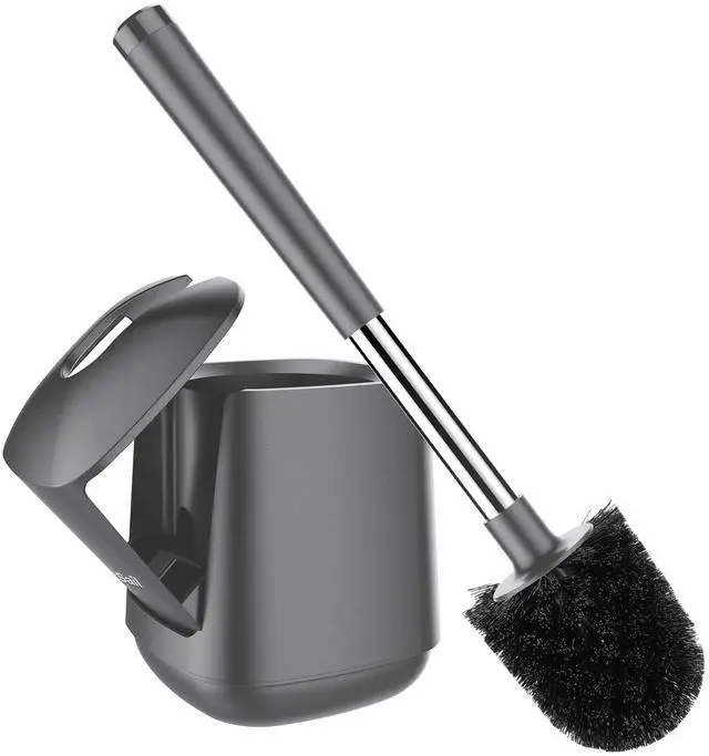 Main image of Toilet Brush and Holder, Self Closing Lid Toilet Bowl Brushes Holder and Extra Long Handle Ventilated Toilet Brush Set for Bathroom Cleaning, Nylon Bristles, Grey