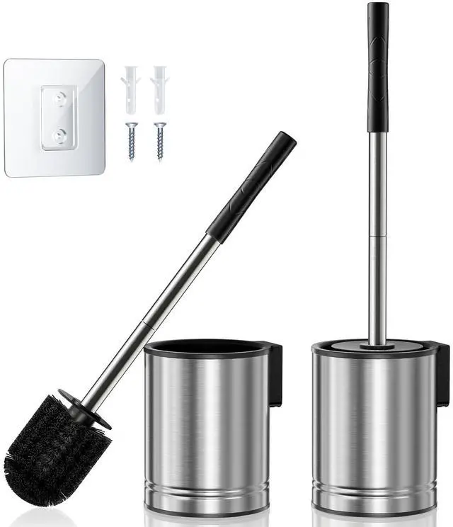 Main image of Toilet Brush and Holder Set: 2 Pack Stainless Steel Rustproof Kits with Deep Cleaning Bristles - Hidden Toilet Cleaner Scrubber for Homeowners - Compact Bathroom Accessories for Home RV Silver