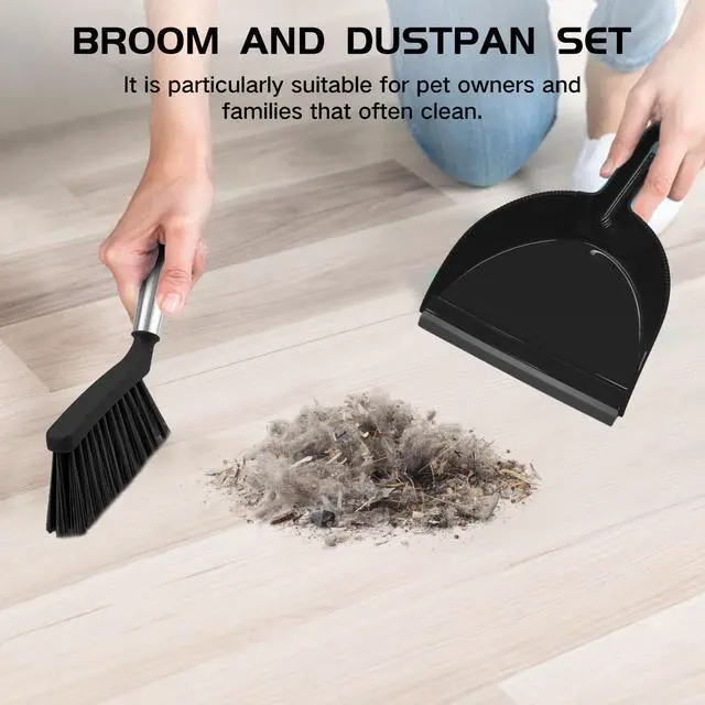 Alt view image 7 of 7 - Mini Broom and Dustpan Set, Small Dust Pan and Brush Set with Handle Dustpan Teeth for Cleaning Hair Suitable for Office Desks Drawers Sofas Outdoor Camping, Black