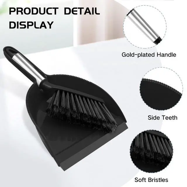 Alt view image 5 of 7 - Mini Broom and Dustpan Set, Small Dust Pan and Brush Set with Handle Dustpan Teeth for Cleaning Hair Suitable for Office Desks Drawers Sofas Outdoor Camping, Black