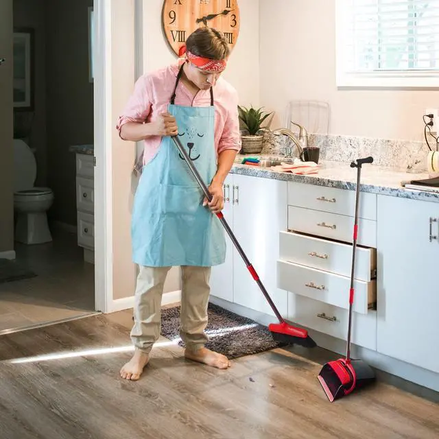 Alt view image 5 of 6 - Broom and Dustpan Set (54") Long Handle Home Cleans Collapsible Broom with Dustpan Combo for Sweeping Dorm Classroom Lobby Kitchen Office (Black and Red)