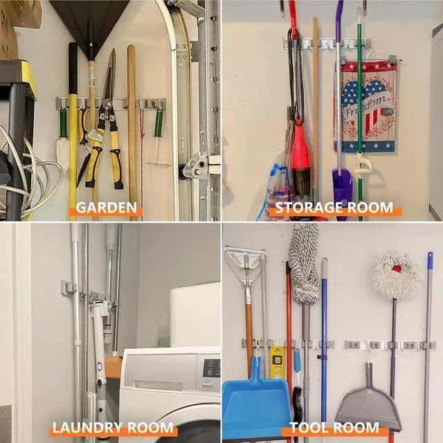 Alt view image 5 of 6 - Adjustable Broom Holder Wall Mount, Mop Storage Tool Racks, Broom Hanger Tool Organizer for Garage, Kitchen, Garden, Laundry Room, 4 Racks 5 Hooks Silver