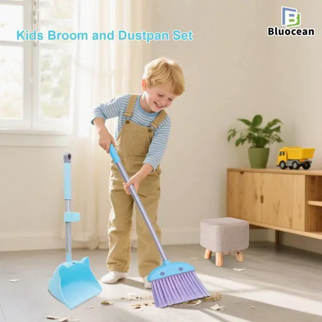 Alt view image 7 of 7 - 28'' Kids Mini Broom and Dustpan Set - Toddler Cleaning Toy, Toddler Household Helper, Parent-Child Interactive Play Cleaning Tool, Cute Cartoon Design, Small Safe Corner Broom (Blue)