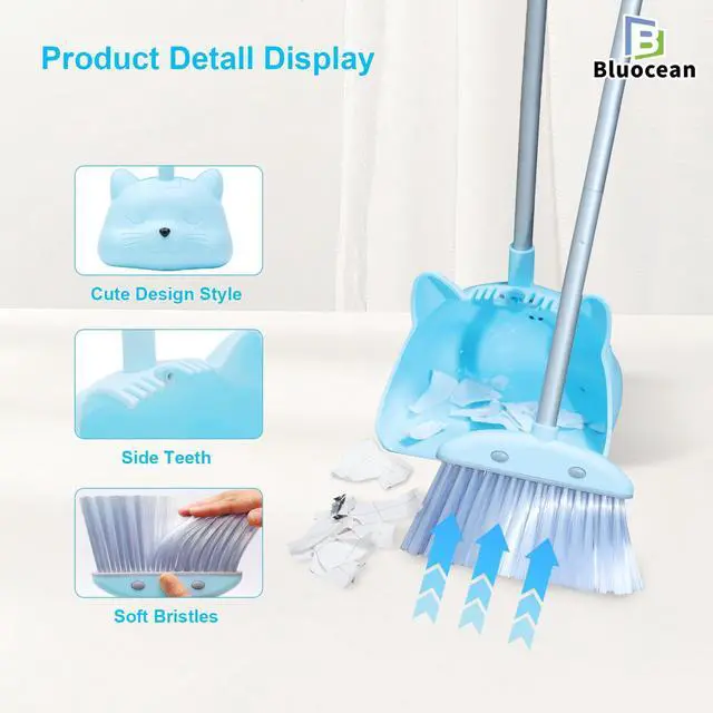 Alt view image 6 of 7 - 28'' Kids Mini Broom and Dustpan Set - Toddler Cleaning Toy, Toddler Household Helper, Parent-Child Interactive Play Cleaning Tool, Cute Cartoon Design, Small Safe Corner Broom (Blue)