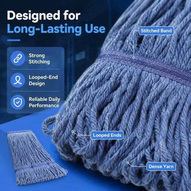 Alt view image 4 of 7 - 2 Pack Heavy Mop Replace Headmop Head Replacement,Commercial mop Heads,Reusable Mop Head Refills-Replacement Mop Heads SuitableWet Industrial Blue Cotton Looped End String Head Refill (Blue)