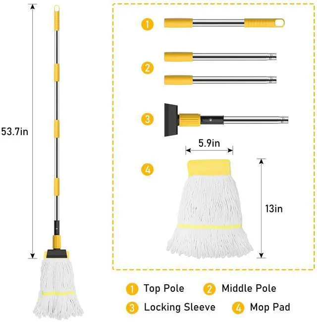 Alt view image 2 of 7 - Heavy Duty String Wet Mop for Floor Cleaning, Commercial Industrial Cotton Mops with Stainless Steel Long Handle for Home, Kitchen, Bathroom, Garage