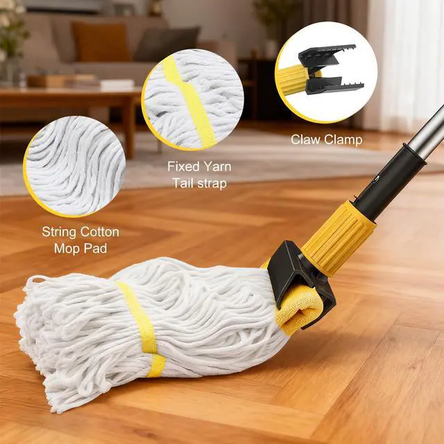 Alt view image 3 of 7 - Heavy Duty String Wet Mop for Floor Cleaning, Commercial Industrial Cotton Mops with Stainless Steel Long Handle for Home, Kitchen, Bathroom, Garage