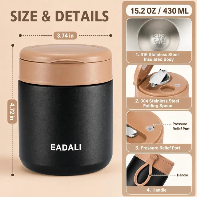 Alt view image 4 of 6 - 15.2oz Kids Food Jar for Hot Food Vacuum Insulated Lunch Container with 316 Stainless Steel Interior, Leakproof Wide Mouth & Foldable Spoon for School Meals