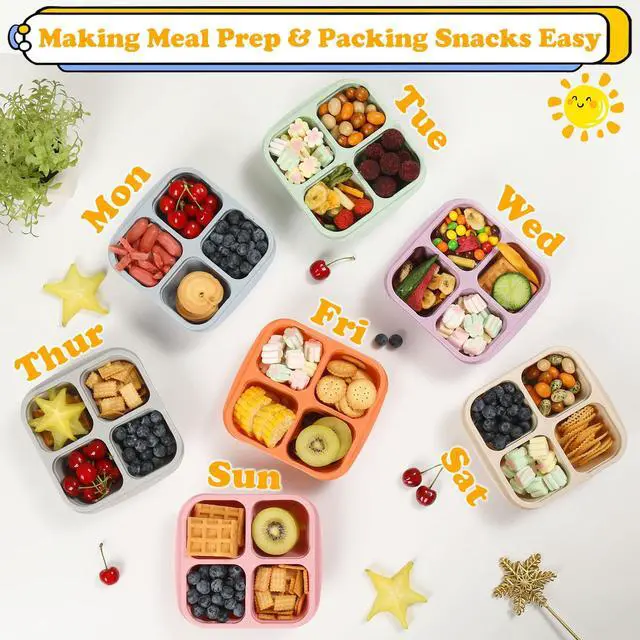 Alt view image 2 of 7 - 4 Pack Meal Prep Containers, 4 Compartment Bento Snack Boxes, Reusable Divided Lunch Box Containers for Adults, Kids, Toddlers, Travel, Work, School