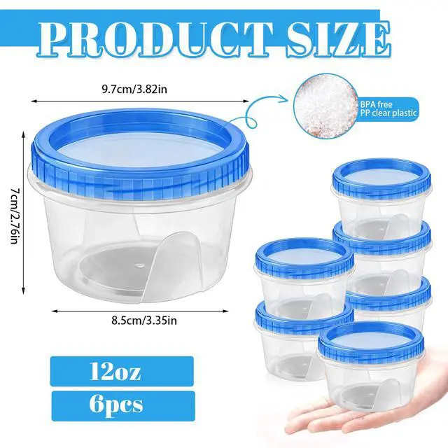 Alt view image 2 of 7 - 6 Pack Freezer Containers with Screw On Lids, 12 Oz Stackable Reusable Plastic Storage Container, Airtight Plastic Food Storage Containers with Twist Top Lids for Food Soup Jello Sauce
