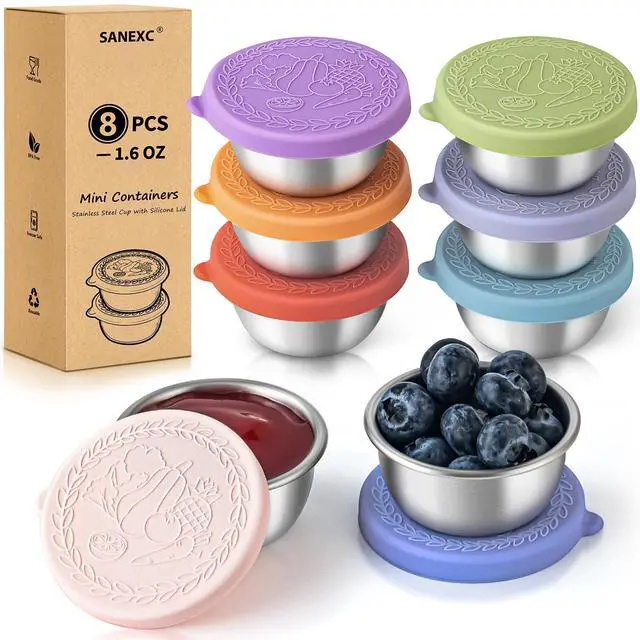 Main image of 8 Pack - 1.6 Oz Small Salad Dressing Containers To Go, Leakproof Condiment Containers with Lids Reusable Stainless Steel Sauce Cups for Lunch Boxes Kitchen Storage Picnics Travel Meal Prep