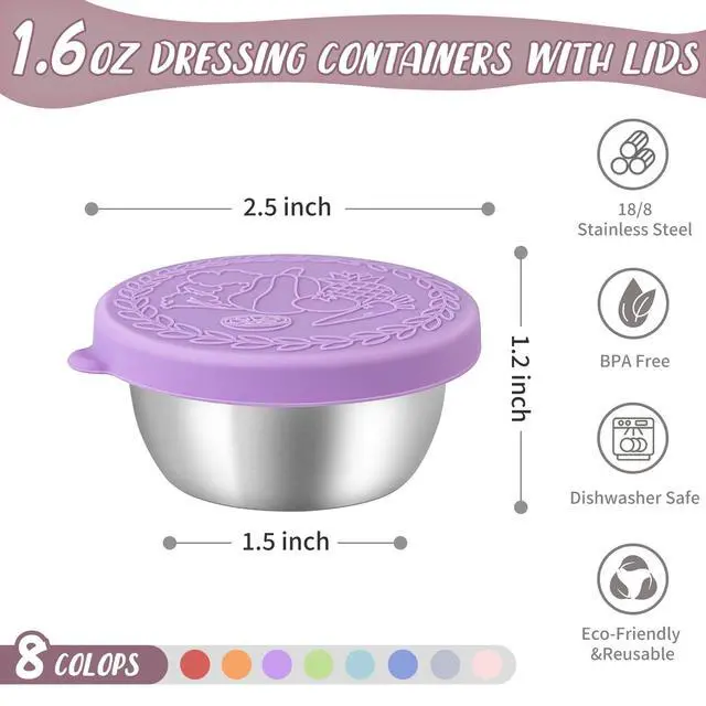 Alt view image 2 of 6 - 8 Pack - 1.6 Oz Small Salad Dressing Containers To Go, Leakproof Condiment Containers with Lids Reusable Stainless Steel Sauce Cups for Lunch Boxes Kitchen Storage Picnics Travel Meal Prep
