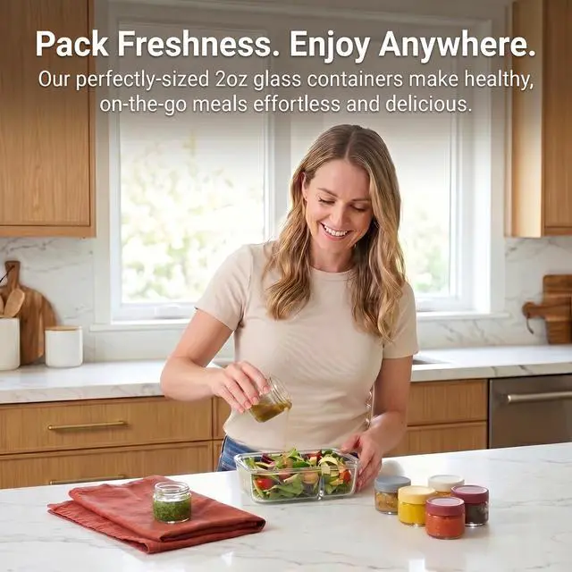 Alt view image 4 of 7 - 2 oz Glass Dressing Containers With Lids, Sauce Jars for Lunch, 6pk