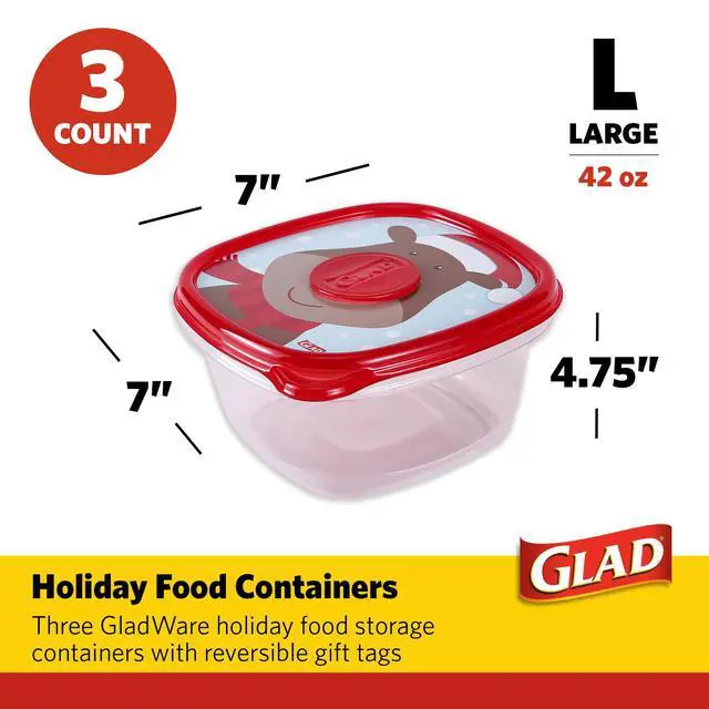 Alt view image 2 of 7 - GladWare Holiday Food Storage Containers with Reversible Gift Tags, Large Square BPA Free Plastic for Holiday Cookies and Gifting, Microwave Freezer Dishwasher Safe, 42 Oz, 3 Count