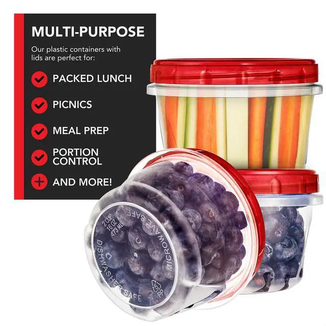 Alt view image 4 of 7 - 16oz Plastic Containers with Red Twist Top Lids (10 Pack) 2-Cup Freezer Containers for Leftovers, Airtight Reusable Soup Storage, Microwave & Dishwasher Safe