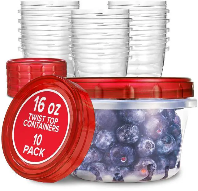 Main image of 16oz Plastic Containers with Red Twist Top Lids (10 Pack) 2-Cup Freezer Containers for Leftovers, Airtight Reusable Soup Storage, Microwave & Dishwasher Safe