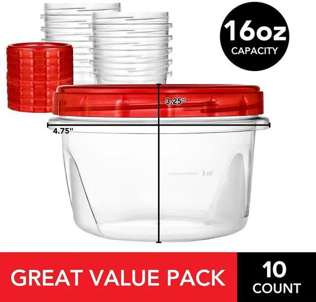 Alt view image 7 of 7 - 16oz Plastic Containers with Red Twist Top Lids (10 Pack) 2-Cup Freezer Containers for Leftovers, Airtight Reusable Soup Storage, Microwave & Dishwasher Safe