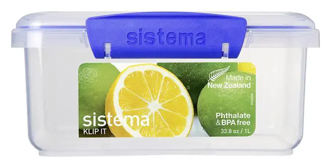 Alt view image 6 of 7 - KLIP IT Rectangular Collection Food Storage Container, 33.8 oz./1 L, Clear/Blue