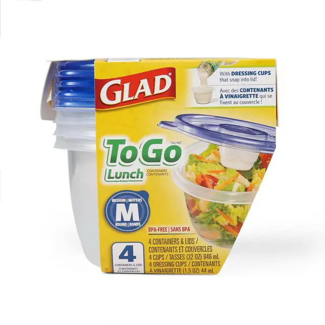Alt view image 2 of 6 - GladWare To Go Lunch Food Storage Containers with Lids, Medium Round BPA Free Plastic with Built-In Dressing Cup for Salads and Lunches, Microwave Dishwasher Safe, 32 Oz, 4 Count