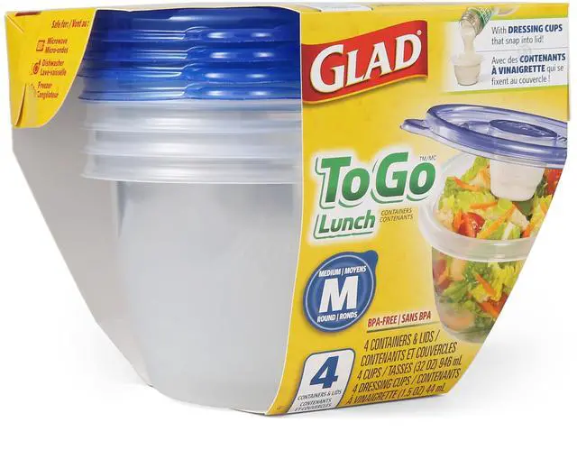 Alt view image 3 of 6 - GladWare To Go Lunch Food Storage Containers with Lids, Medium Round BPA Free Plastic with Built-In Dressing Cup for Salads and Lunches, Microwave Dishwasher Safe, 32 Oz, 4 Count