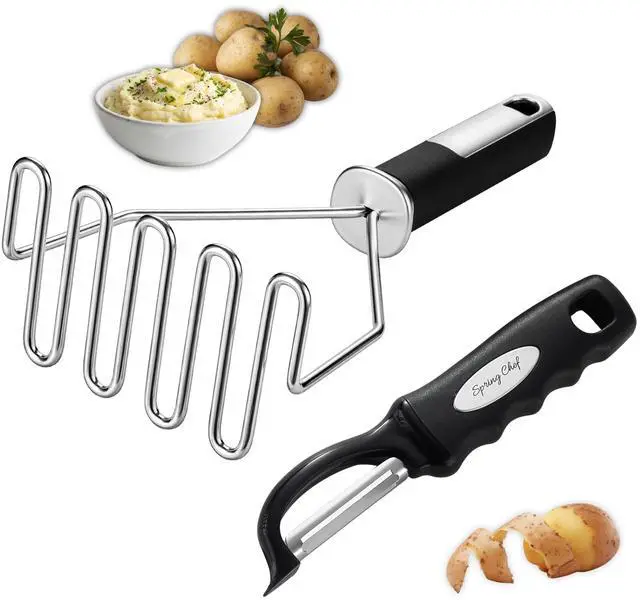Main image of Stainless Steel Premium Vegetable Peeler with Potato Masher, Soft Grip Handle Metal Food Peeler and Masher for Fruit & Vegetables