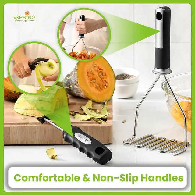 Alt view image 6 of 7 - Stainless Steel Premium Vegetable Peeler with Potato Masher, Soft Grip Handle Metal Food Peeler and Masher for Fruit & Vegetables